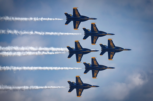 Miramar, California, USA - September 21, 2023: The US Navy Blue Angels flying at America's Airshow 2023.