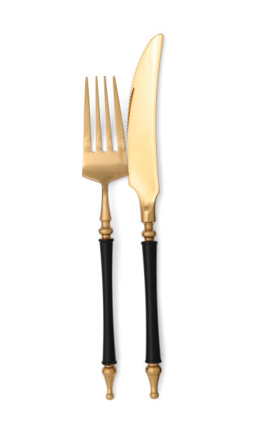 istock Knife and fork isolated on white, top view. Stylish shiny cutlery set 1773171902