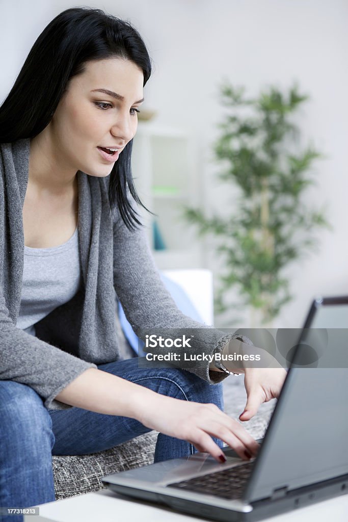 brunette joven usando su computadora portátil - Foto de stock de Acogedor libre de derechos