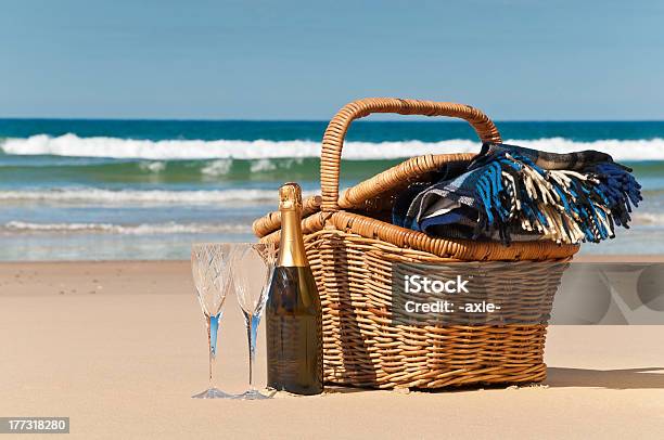 Basket Ready For A Beach Picnic With Two Champagne Glasses Stock Photo - Download Image Now