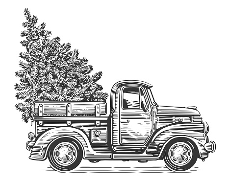 Christmas retro truck with pine tree in sketch style. Hand drawn vintage vector illustration