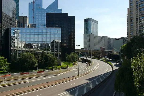 Modern buildings in the business district of La Defense to the west of Paris, France.