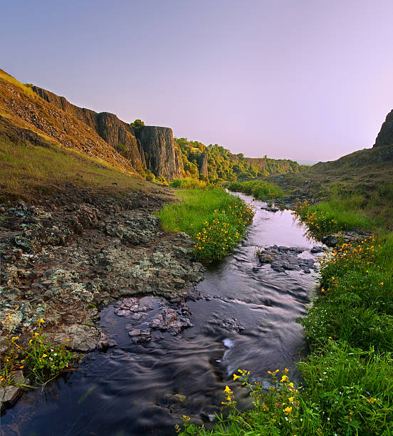 Beautiful stream and cliffs at sunset "Stream which feeds the Phantom Falls waterfall and surrounding cliffs, North Table Mountain Ecological Preserve, near Chico California, at sunset" chico california photos stock pictures, royalty-free photos & images