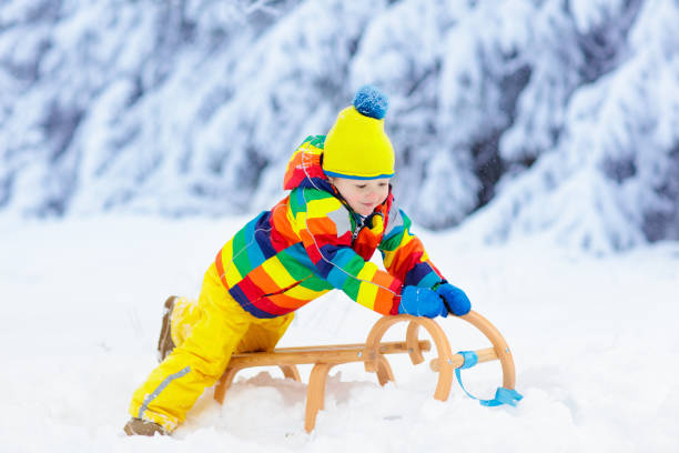 istock Boy on sled ride. Child sledding. Kid on sledge 1773196735