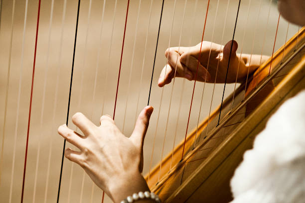 playing the harp woman playing the harp harp stock pictures, royalty-free photos & images