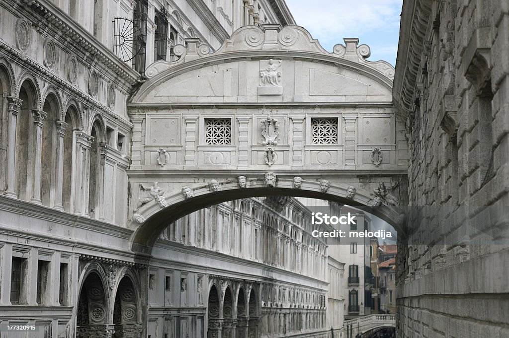 Bridge of Sighs The Bridge of Sighs in Venice Italy passes over the Rio de Palazzo and connects the new prison to the old prison and interrogation rooms within the Doge's Palace. Architectural Feature Stock Photo