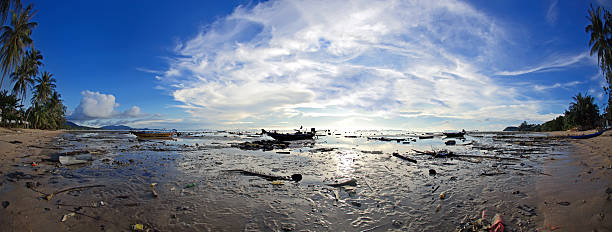 istock Tied boats in low water panorama 177321351