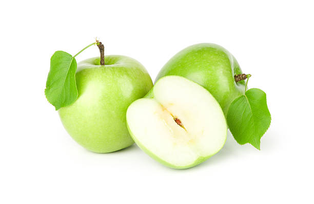 três maçãs verdes com folhas - apple granny smith apple three objects green - fotografias e filmes do acervo