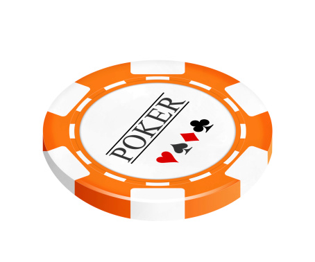 Single orange casino chip isolated on white background 3d perspective view