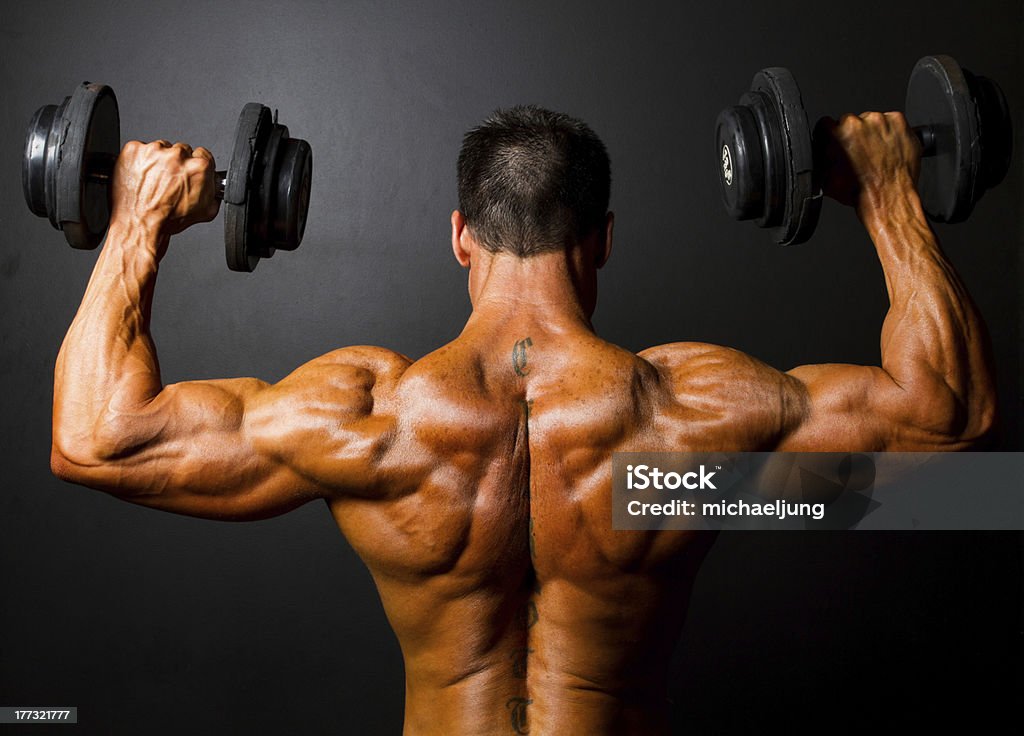 bodybuilder training with dumbbells rear view of bodybuilder training with dumbbells on black background Abdomen Stock Photo