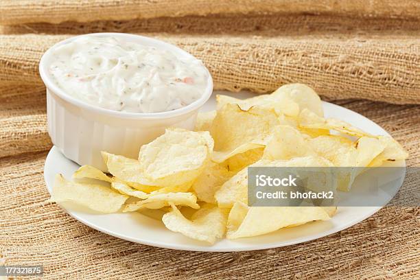 Fresh Potato Chips With Ranch Dip Stock Photo - Download Image Now - Dipping, Dipping Sauce, Potato Chip