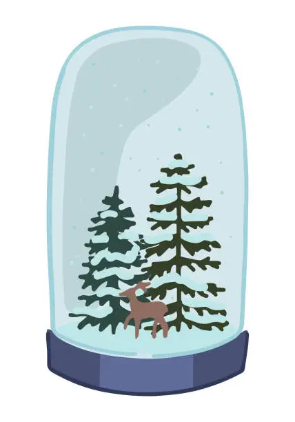 Vector illustration of Crystal ball doodle. Clipart of snow ball with snowy Christmas tree and deer. Cartoon vector illustration isolated on white.