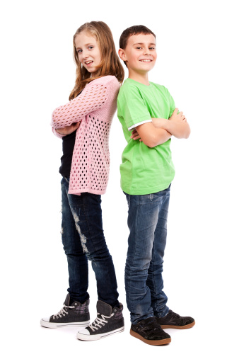 Two children back to back isolated on white background