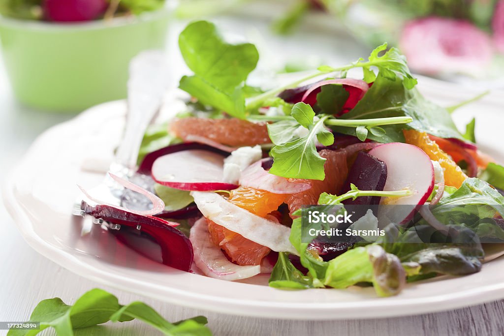 Beetroot salad "Salad with beetroot, oranges,grapefruit,radish,feta cheese and fennel" Appetizer Stock Photo