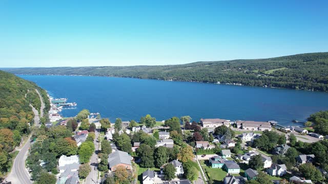 Aerial view of Hammondsport NY overlooking the village out to Keuka Lake in the Finger Lakes