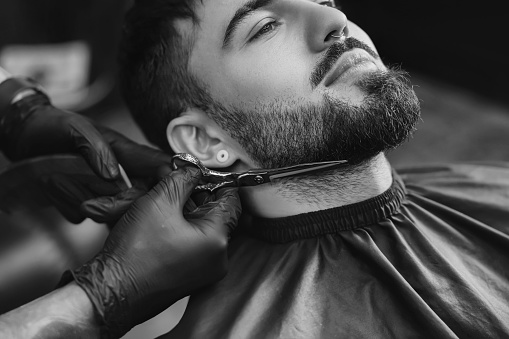 Professional hairdresser working with bearded client in barbershop, closeup. Black and white effect