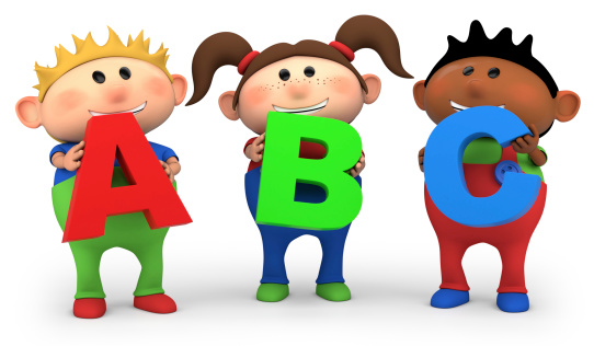 cute little cartoon kids holding ABC letters - high quality 3d illustration