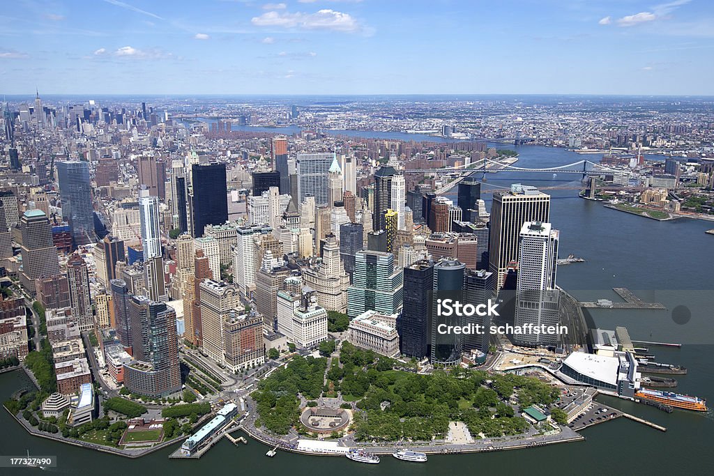 New York from Above New York aerial shot on a beautiful day with view of Battery Park Battery Park - Manhattan Stock Photo