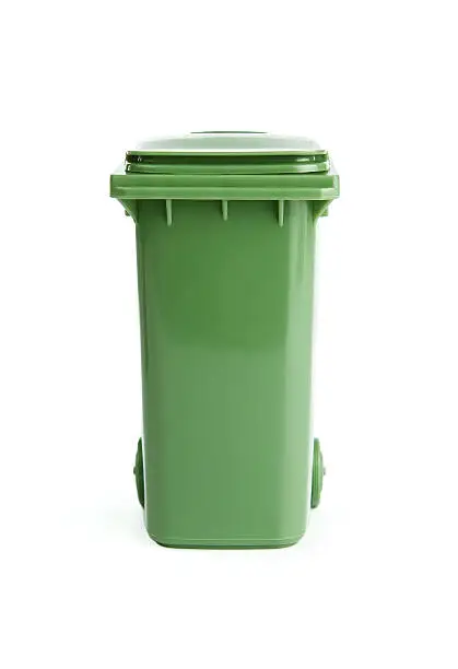 Green plactic garbage bin isolated on white background