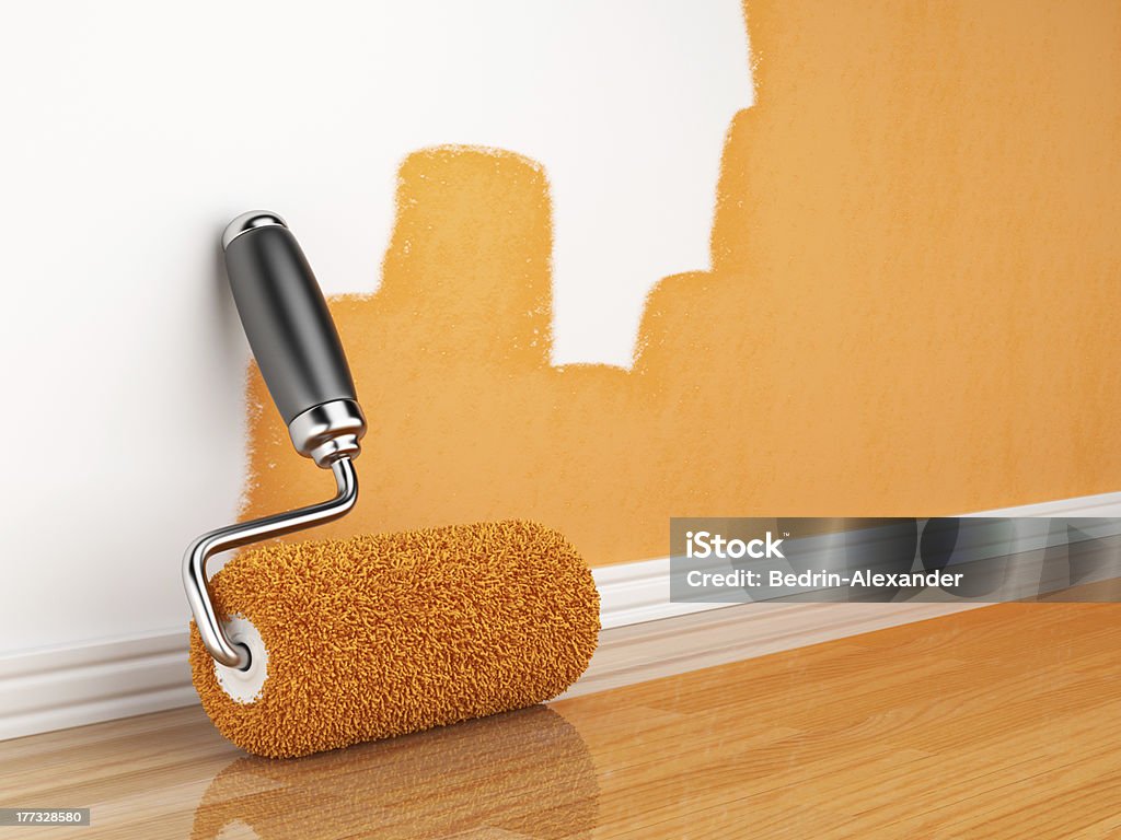 Incomplete orange wall painting with roller leaning on wall Painting of an empty wall. Renovation home. 3D illustration Painting - Activity Stock Photo