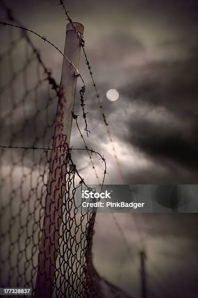 Barbed Wire In Evening Stock Photo - Download Image Now - Chainlink Fence, Night, Barbed Wire