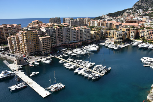 Monaco, Europe, Monte Carlo, Mediterranean Sea, Building Exterior, Bay Of Water, Aerial View, Tourboat, Tourism, Residential District, Sky
