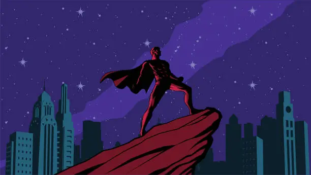 Vector illustration of Vector Vintage Superhero Silhouette in Strong Pose in a City Stock Illustration