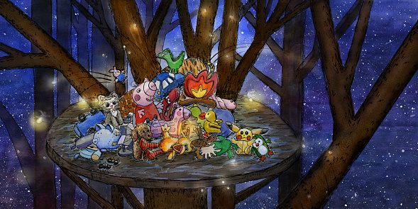 Made for an unpublished children's book, this is a magical, glowy night time scene of about 25 colorful toys in a tall tree stand. It's an imaginary setting that looks like one of many platforms in a multi level treehouse. The sky is a rich indigo blue, with shadowy tree trunks in the fore. Fireflies buzz about with light beaming off of them. File is raster.