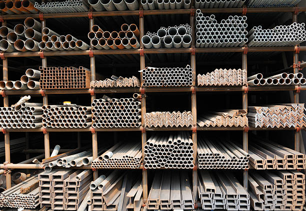 istock Different sizes of metal pipes on shelf 177331387