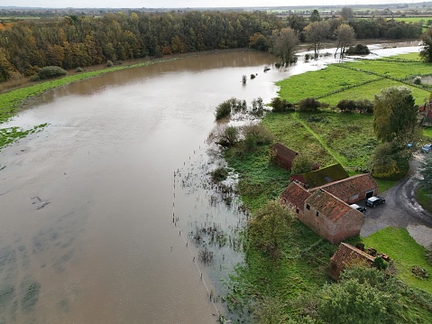 aerial view of extreme Flooding in rural area of Buttercrambe. Buttercrambe is a small village in North Yorkshire. England. The village is situated approximately 8 miles to the north-east of York and near the border with the East Riding of Yorkshire