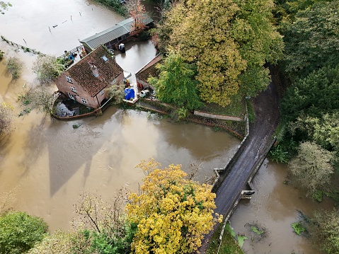 aerial view of extreme Flooding in rural area of Buttercrambe. Buttercrambe is a small village in North Yorkshire. England. The village is situated approximately 8 miles to the north-east of York and near the border with the East Riding of Yorkshire