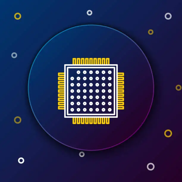 Vector illustration of Line Processor icon isolated on blue background. CPU, central processing unit, microchip, microcircuit, computer processor, chip. Colorful outline concept. Vector