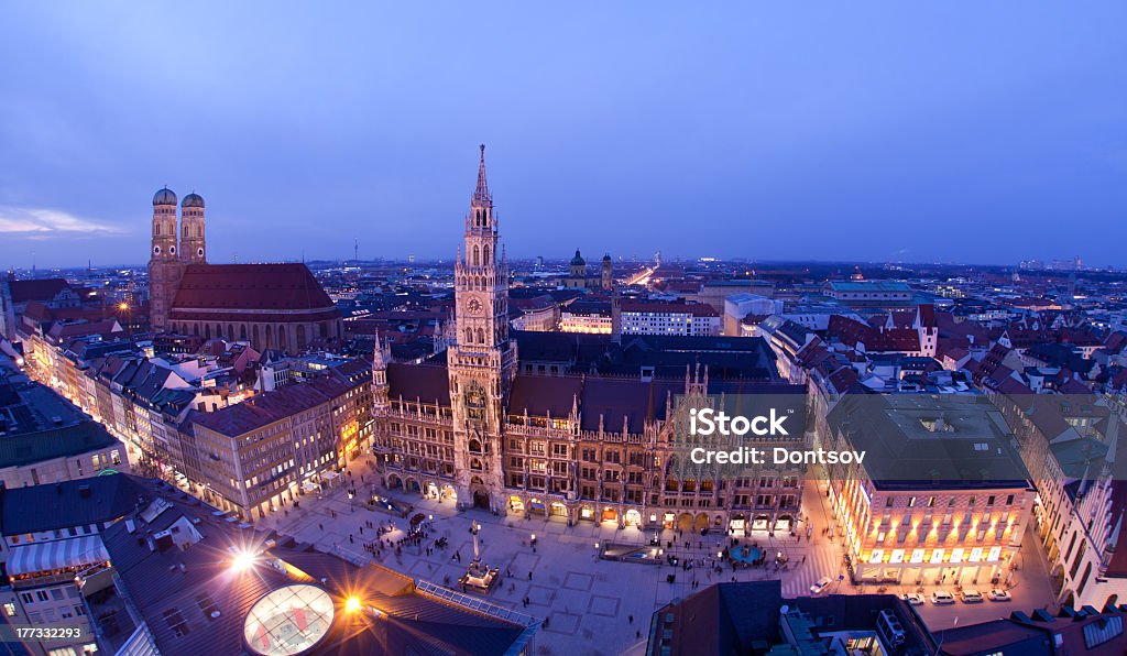 Aerial view of lit city of Munich at evening You can see Marienplatz, new city hall, Munich Frauenkirche. Munich Stock Photo