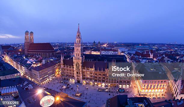 Aerial View Of Lit City Of Munich At Evening Stock Photo - Download Image Now - Munich, Night, Urban Skyline