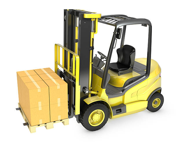 istock Yellow fork lift truck with stack of carton boxes 177332601