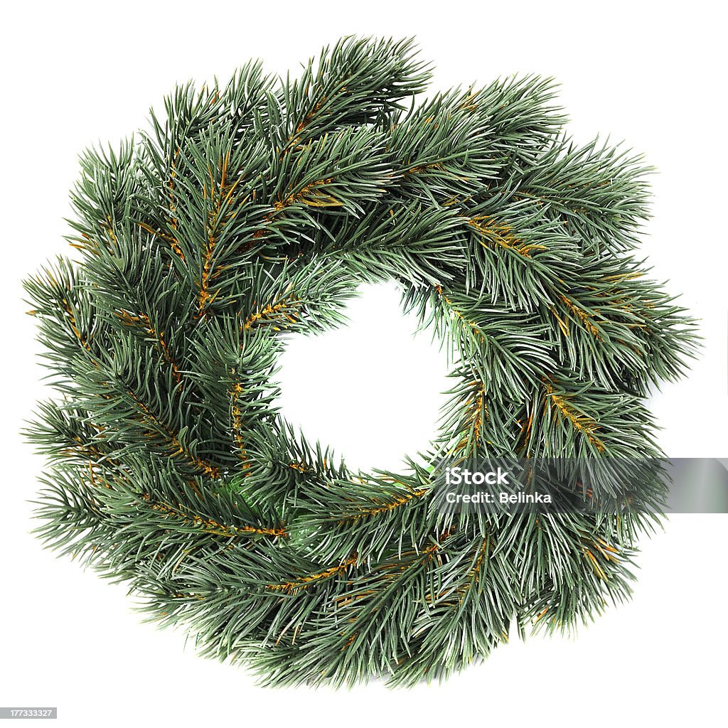 Green round Christmas wreath isolated on white background Border - Frame Stock Photo