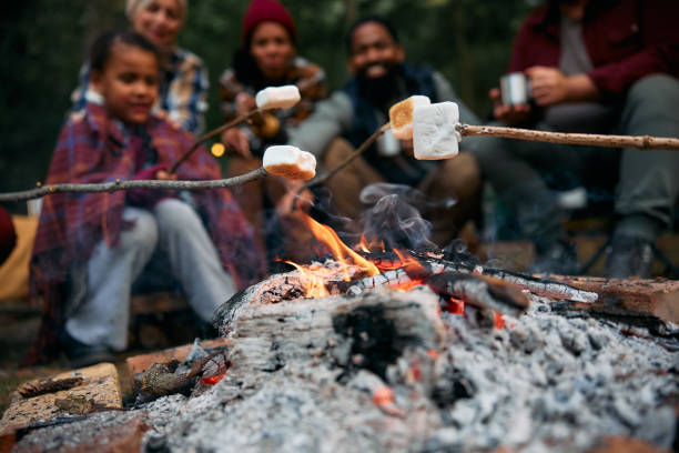 Close up of campers roasting marshmallows in nature.