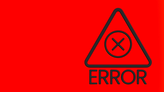 Red background with black error sign, crash and system problems theme, 3d illustration, horizontal image