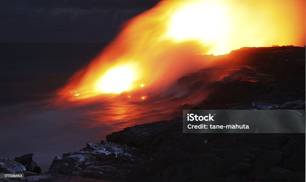 Lava entry in to the ocean (Big Island, Hawaii) "Lava entry in to the ocean at night (Puhi-o-Kalaikini at Big Island, Hawaii)" Big Island - Hawaii Islands Stock Photo