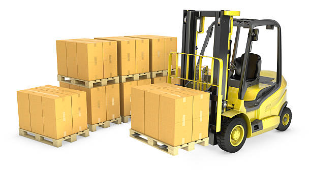 istock Yellow fork lift truck with stack of carton boxes 177336467