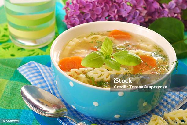 Chicken Soup With Noodle Stock Photo - Download Image Now - Basil, Blue, Bouillon