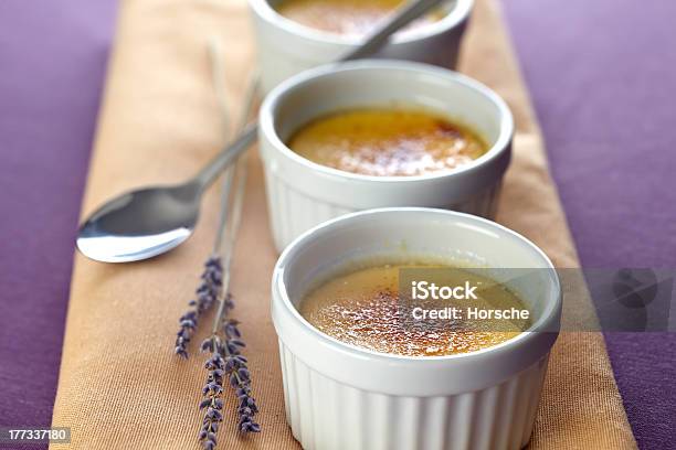Cr232me Brulee With Lavender Stock Photo - Download Image Now - Baked Pastry Item, Beige, Brown
