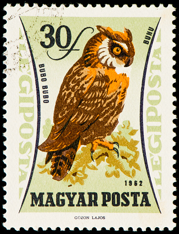 Hungarian postage stamp from 1962 with a drawing of eurasian eagle owl.
