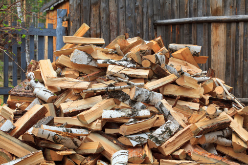 Pile of firewood against old wooden fence .
