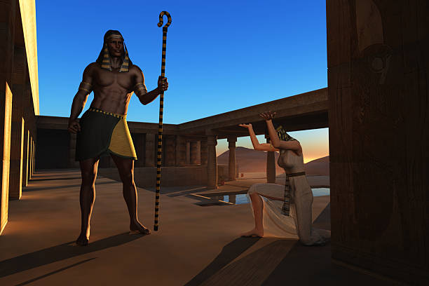 Pharaoh and slave girl Ancient Egyptian slave girl bows to pharaoh at desert palace pool at the crook stock pictures, royalty-free photos & images