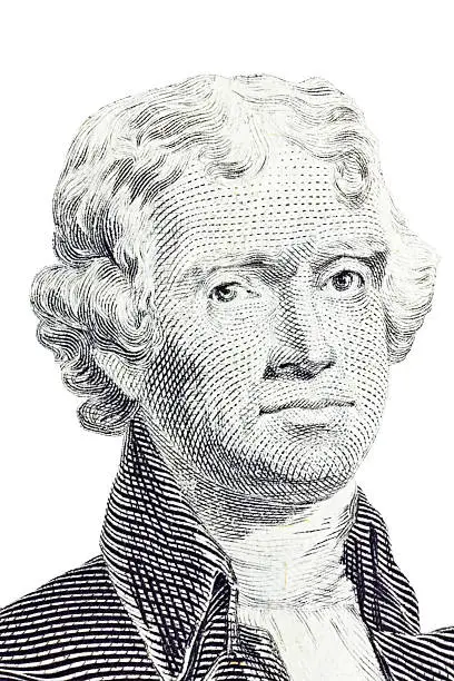 Photo of Isolated Macro of Thomas Jefferson on US two dollar bill.