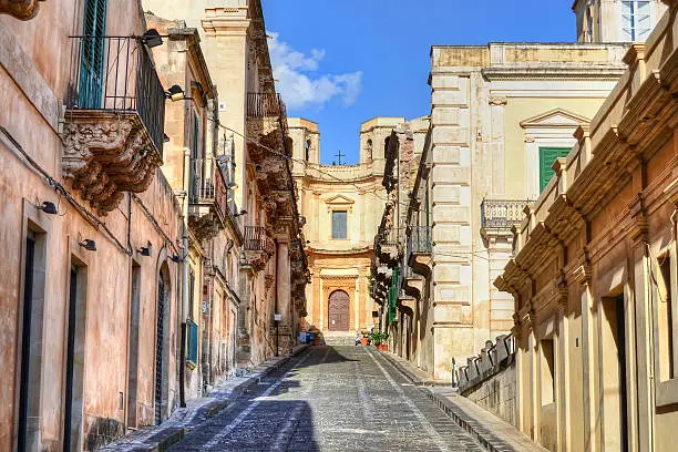 Street in old city of Noto in Sicily.