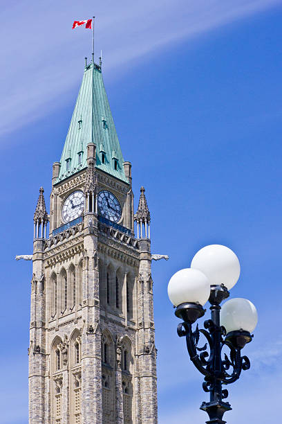 Peace Tower Parliament Building in Ottawa Closeup of the Peace Tower with Canadian flag flying high and lamp post. canada flag blue sky clouds stock pictures, royalty-free photos & images