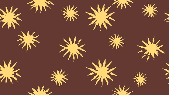 Abstract texture wallpaper with saddlebrown and khaki, seamless infinite patterns. Degraded line nature sun with fluffy clouds background. Stop coronavirus. Bright summer illustration with spots. Danger. Vector illustration. Corona virus bacteria seamless pattern.