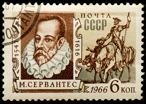 Soviet postage stamp from 1966 dedicated to Miguel Cervantes and his novel Don Quixote.